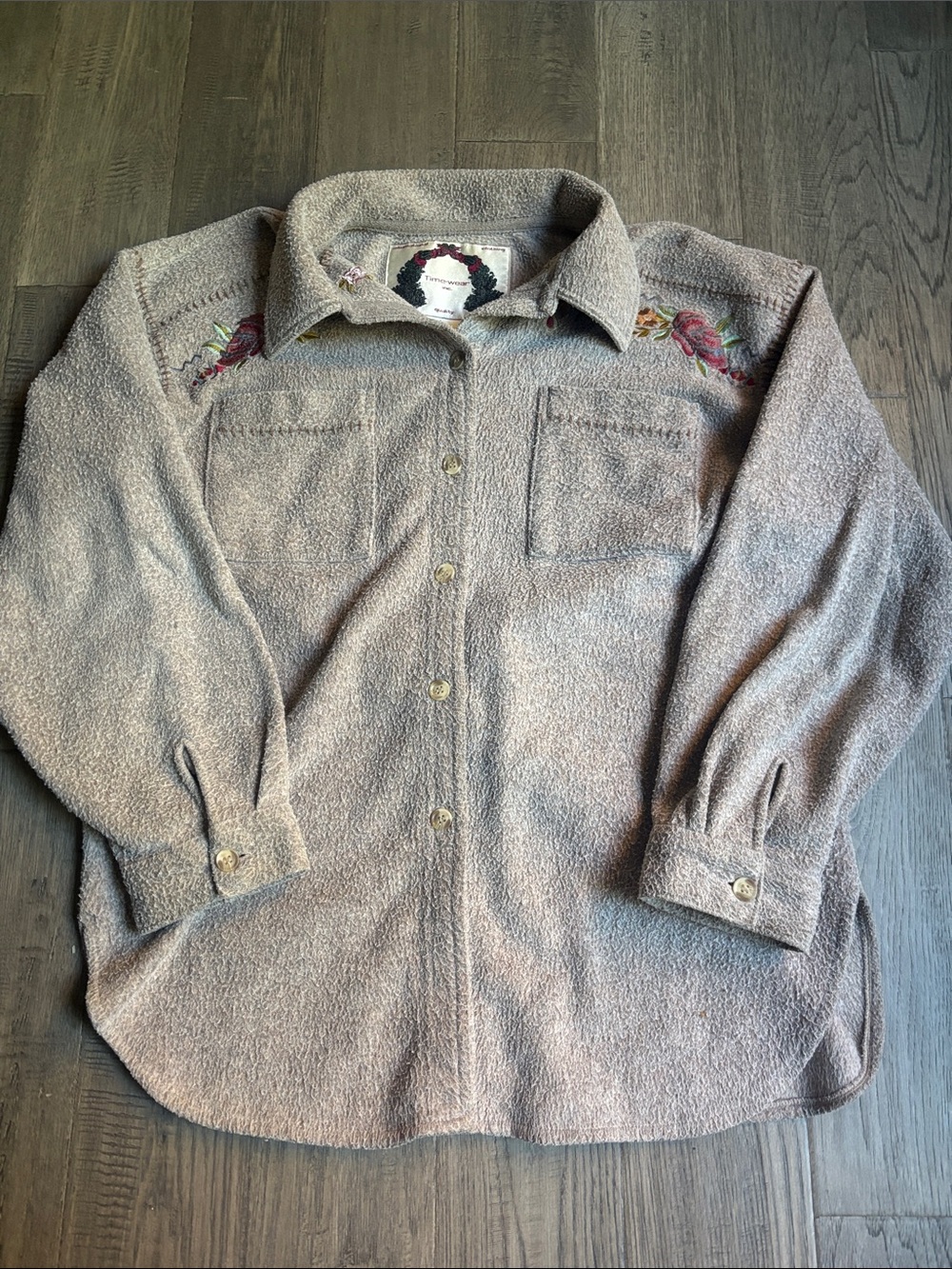 Time-Wear Inc | Cozy Embroidered Button-Up Sweater Cottagecore Taupe Size Large